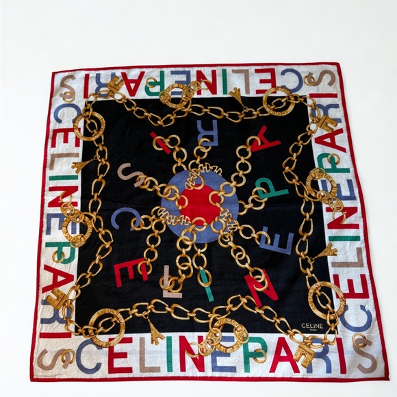 Celine Chain Print Scarf with Red and Gold Accents